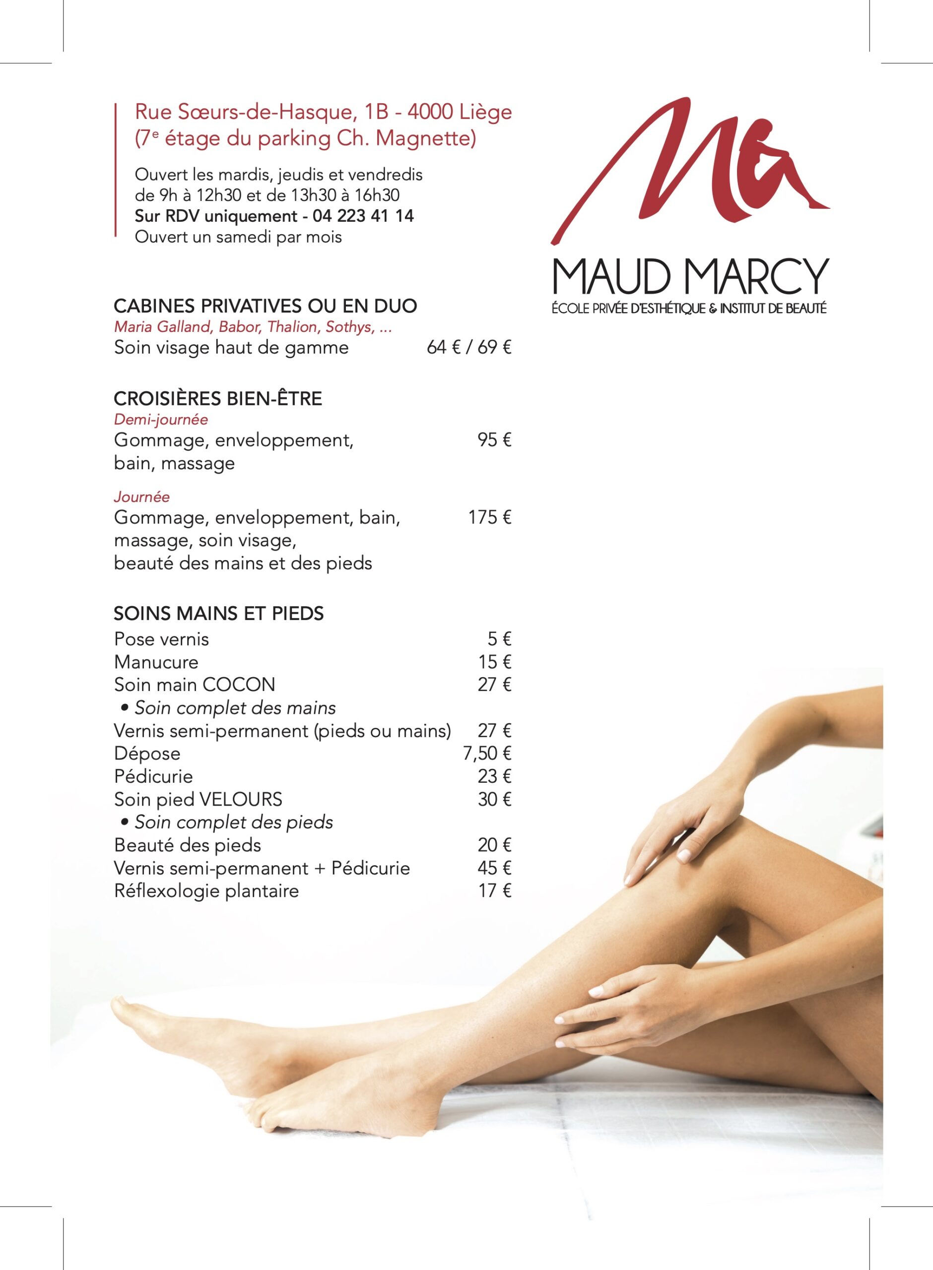 Tarifs des soins de l'institut